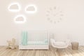 KidÃ¢â¬â¢s room with clocks, white walls